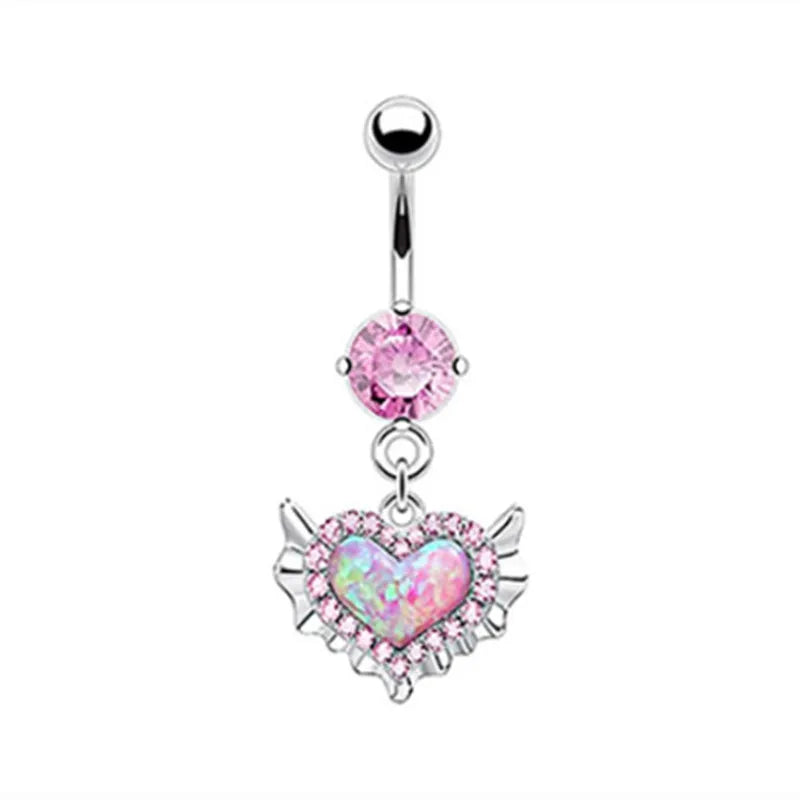 Pink Crown Belly Button Ring – Stainless Steel Heart Navel Piercing Barbell with Crystal for Women & Girls