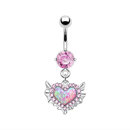 Pink Crown Belly Button Ring – Stainless Steel Heart Navel Piercing Barbell with Crystal for Women & Girls