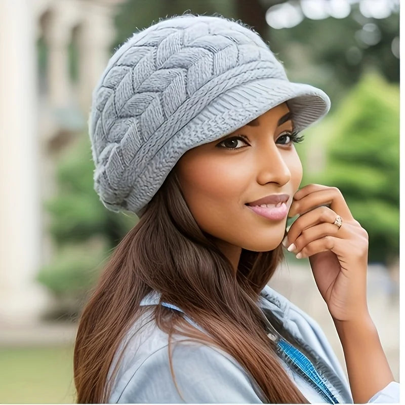 Retro Women’s Winter Knitted Cap — Warm Cold Weather Hat with Sun Visor for Running, Camping, Walking, and Skiing