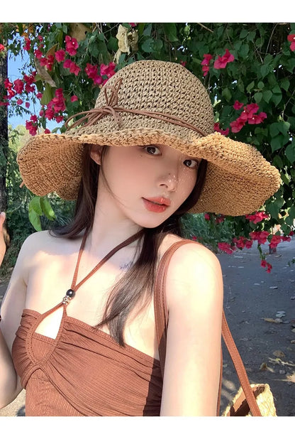 Women’s Holiday Beach Sun Hat – Large Brim Woven Straw Fisherman Hat with Bow, Seaside Sun Protection Panama Chapeau Korean Style