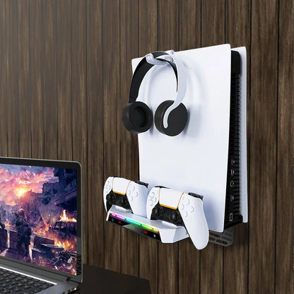 PS5 & PS5 Slim Wall Bracket Dual Controller Charger – RGB LED Metal Wall-Mounted Stand for Disc & Digital Editions