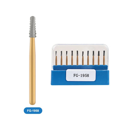 10Pcs/Box FG1957/FG1958 Dental Carbide Burs - Golden High-Speed Tungsten Steel for Crown Metal Cutting, Dentistry Tools