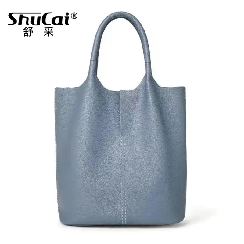 Genuine Leather Women’s Commuter Tote Bag — Soft Cowhide Shoulder Handbag, Large Capacity Bucket Bag, 2025 New