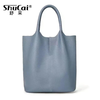Genuine Leather Women’s Commuter Tote Bag — Soft Cowhide Shoulder Handbag, Large Capacity Bucket Bag, 2025 New