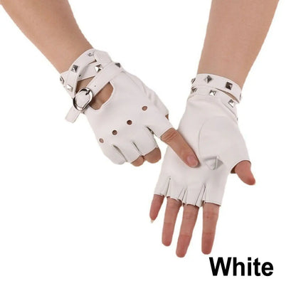 Unisex Fingerless PU Leather Driving Gloves, Rivet Punk Style Disco Rock & Roll Gloves for Dance, Motorcycle & Party Wear (Black/Red/White)