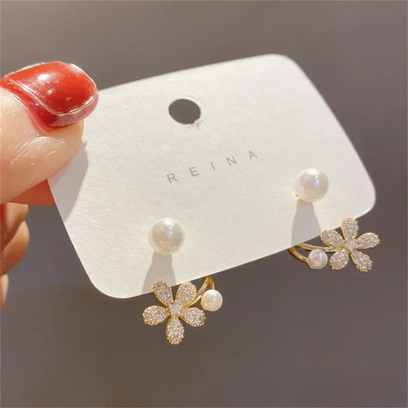 Korean Vintage Pearl & Crystal Earrings for Women — Luxury Zircon Flower, Butterfly & Leaf Stud Jewelry