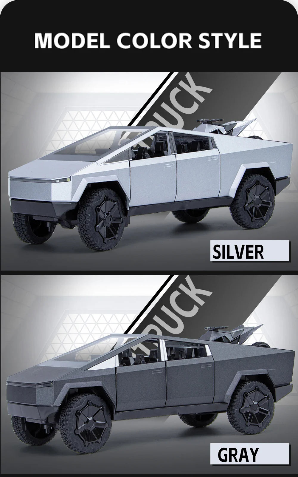 1:24 Cybertruck Model Silver Diecast Pickup Toy Car with Sound & Light for Kids 3+