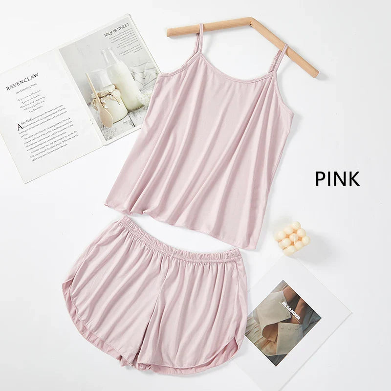 Women’s Summer Pajama Set – Pink & Gray Camisole with Shorts, Soft Nightwear XL XXL
