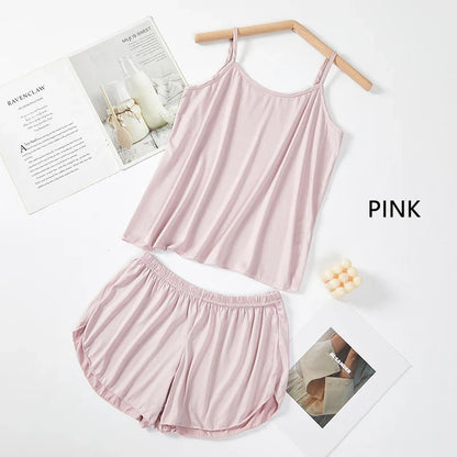 Women’s Summer Pajama Set – Pink & Gray Camisole with Shorts, Soft Nightwear XL XXL