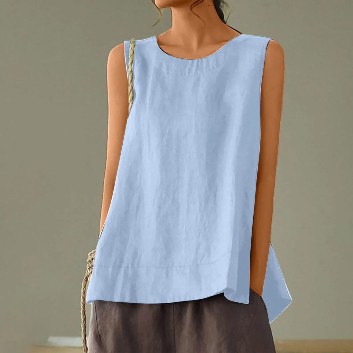 Women’s Summer Oversized Linen Vest Top - Retro Solid Color Sleeveless Round Neck Casual Breathable Shirt