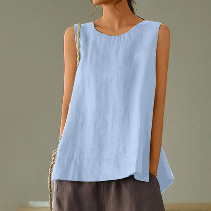 Women’s Summer Oversized Linen Vest Top - Retro Solid Color Sleeveless Round Neck Casual Breathable Shirt