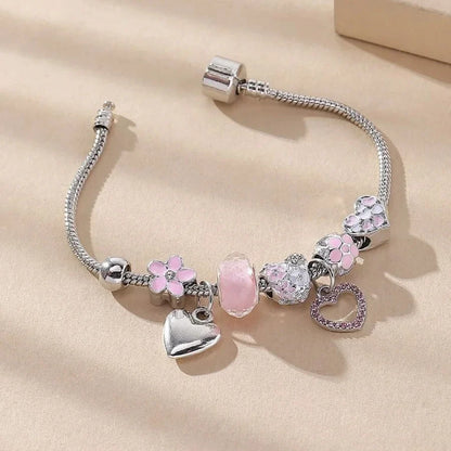 Obega Love Heart Flower Glass Pendant Bracelet – Classic Pink & White Crystal Stone, Adjustable Bead, Silver/Gold Color