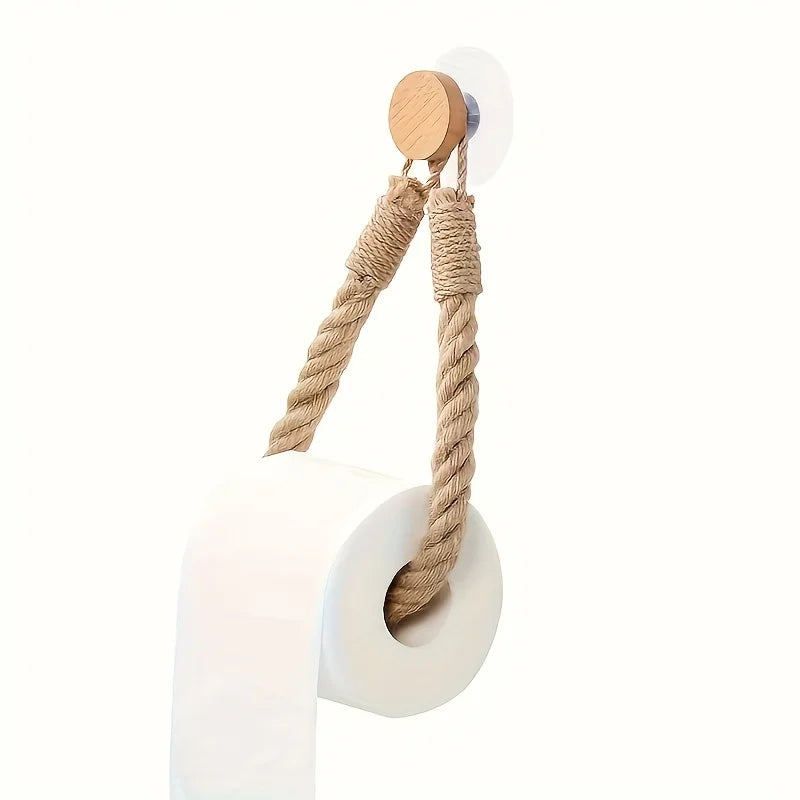 Rustic Hemp Rope Toilet Paper Holder – Self-Adhesive Wall Mount Bathroom Tissue Holder with Wooden Knob, Natural Braided Bathroom Decor