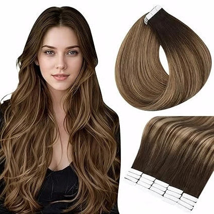 Full Shine Tape In Human Hair Extensions - 100% Remy Straight Hair Double Sided Silky Natural Tapes for Women