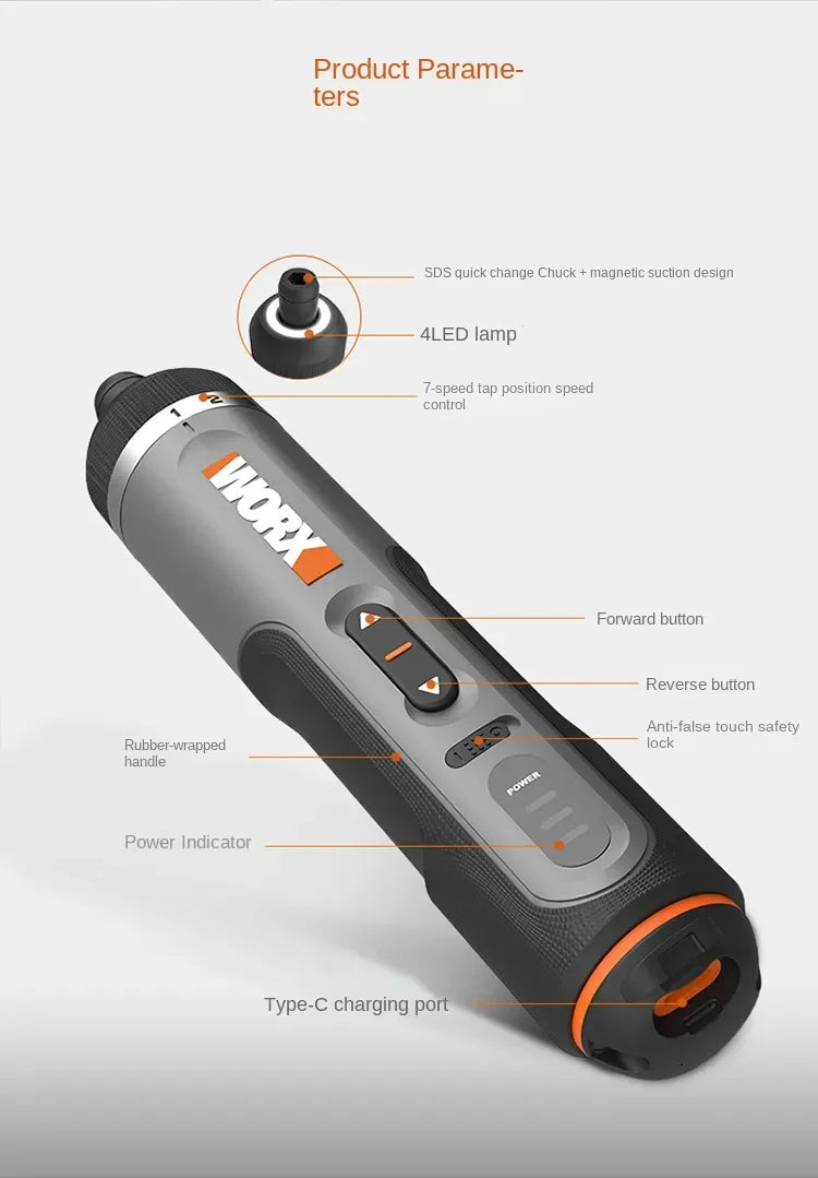 WORX WX242 4V Cordless Electric Screwdriver Set — USB Rechargeable Mini Drill with 30 Bits Power Tool