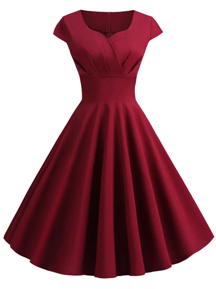 Women’s Pink Summer Dress – V-Neck Vintage Retro Midi Party & Office Dress