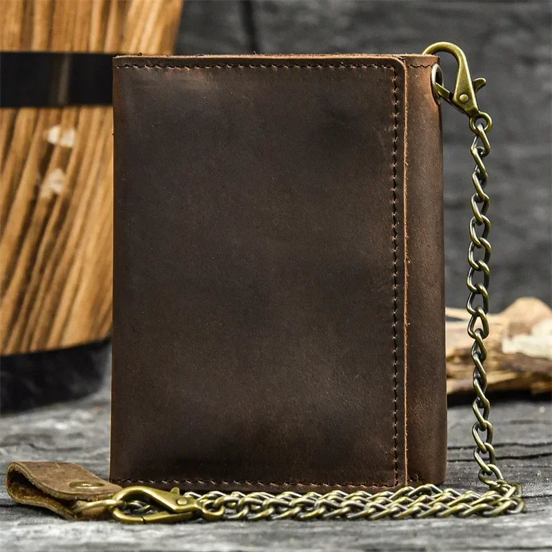 Men's Genuine Leather Short Wallet with Chain – Zipper Clutch, Trifold Purse, Card Holder & Coin Purse for Men