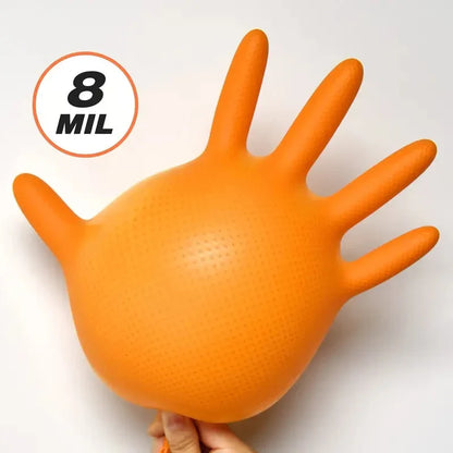 Heavy Duty Orange Nitrile Gloves 8Mil – Industrial Disposable Work Gloves with Diamond Grip for Mechanic Safety