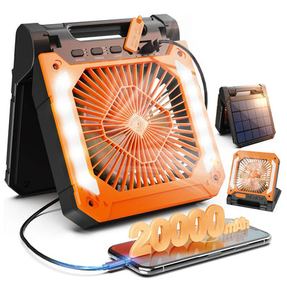 20000mAh Portable Electric Fan with LED Light — USB, Solar & Car Charging for Camping