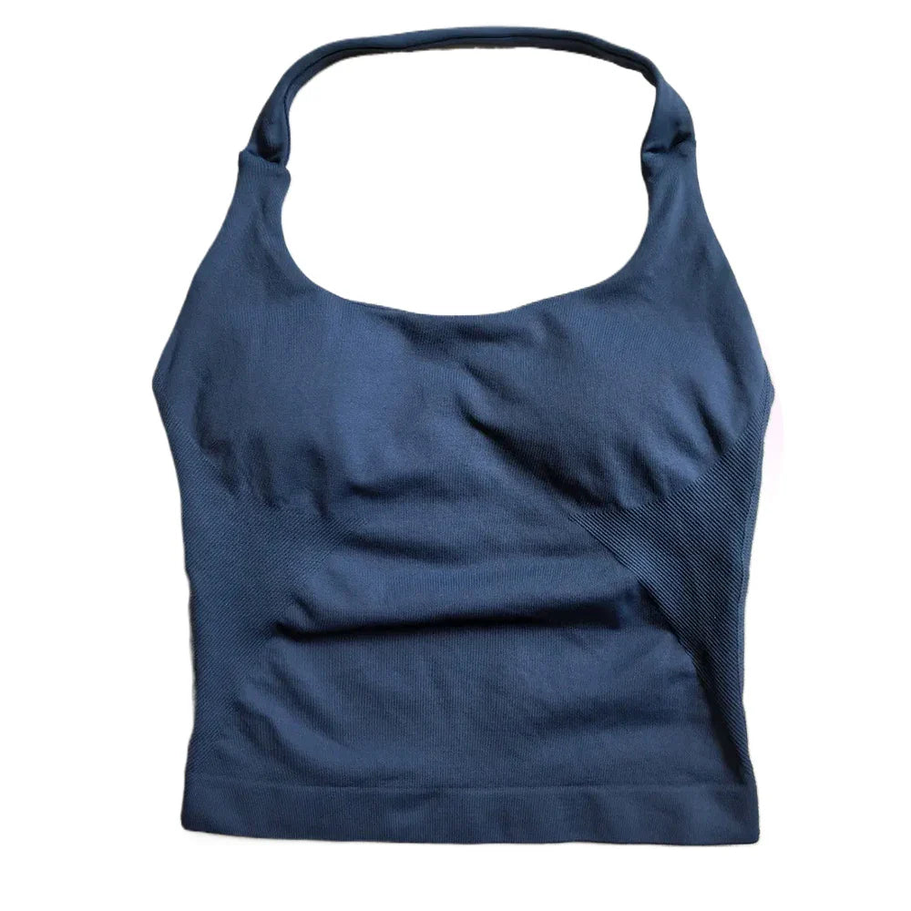 Women’s Strappy Gym Tank Top – Padded Sports Bra Backless Seamless Yoga Crop Top Halter Fitness Vest Activewear