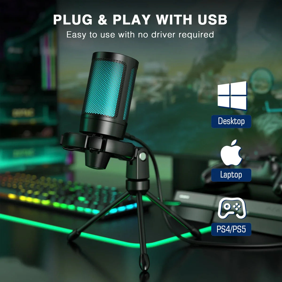 FIFINE AmpliGame A2 RGB USB Gaming Microphone with Mute Touch, Condenser Mic with Tripod for PC PS4 PS5 Laptop Streaming