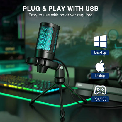 FIFINE AmpliGame A2 RGB USB Gaming Microphone with Mute Touch, Condenser Mic with Tripod for PC PS4 PS5 Laptop Streaming
