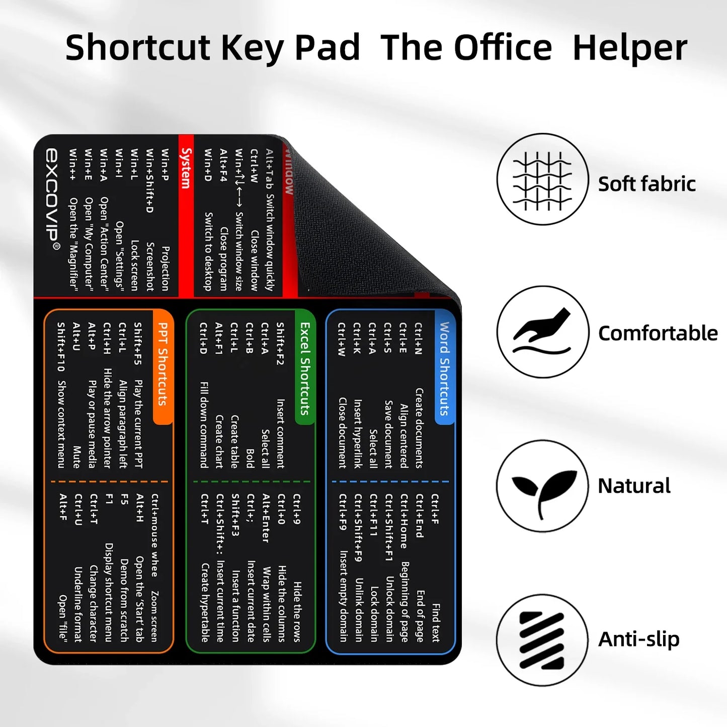 EXCO Excel Shortcuts Mouse Pad – Non-Slip Rubber Mouse Mat for Windows Office, Home & Laptop