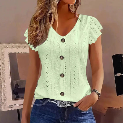 2025 Women’s Spring/Summer Fashion T-Shirt – Stylish Commute Casual V-Neck with Ruffle Sleeves, Solid & Multi-Color Options