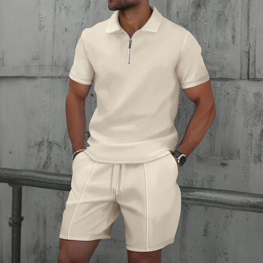 2025 Men's Summer Waffle Knit Short Set – Solid Color Zip-Up Lapel Shirt & Shorts | European & US Style