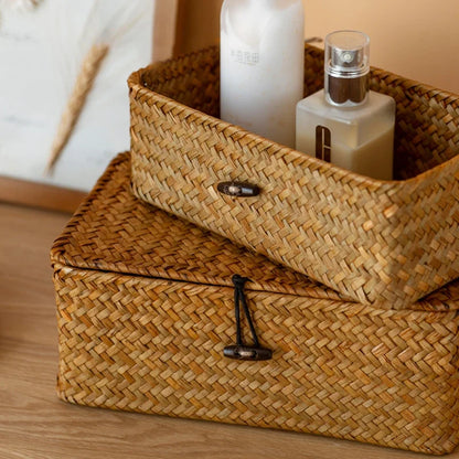 Hand-Woven Seaweed Storage Basket with Lid - Multi-Purpose Sundries Organizer, Cosmetic, Toy, and Clothes Container