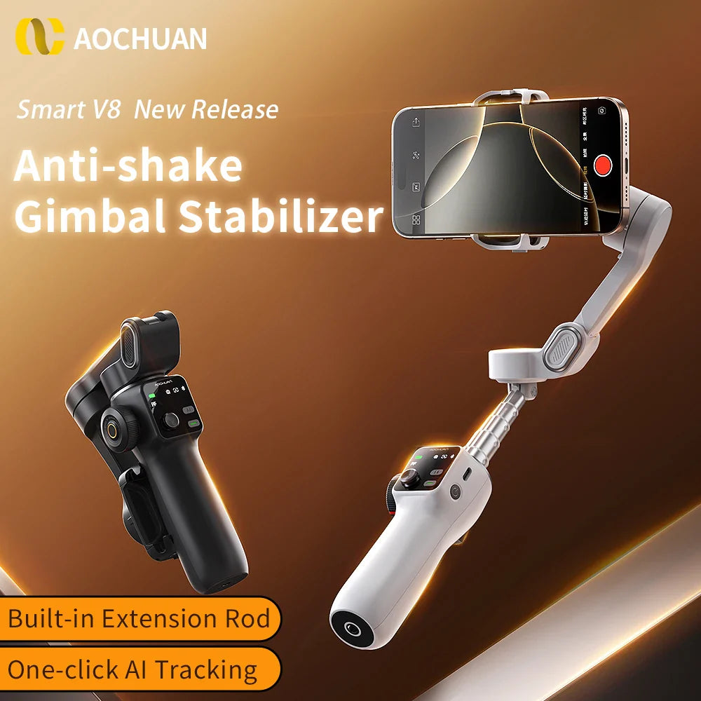AOCHUAN Smart V8 3-Axis Handheld Gimbal – Phone Stabilizer with Extension Rod, Tripod & Face Tracking for iPhone, Android, TikTok & Vlog