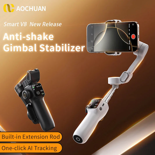 AOCHUAN Smart V8 3-Axis Handheld Gimbal – Phone Stabilizer with Extension Rod, Tripod & Face Tracking for iPhone, Android, TikTok & Vlog