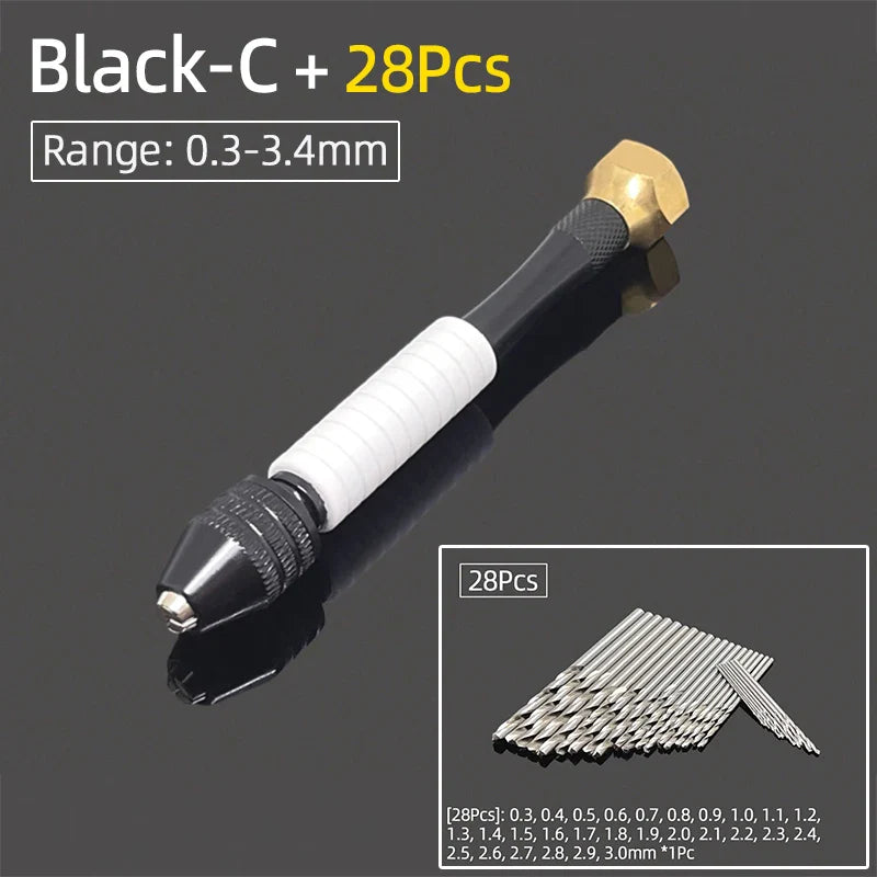 Mini Aluminum Hand Drill 0.3–3.4mm – Keyless Chuck Micro Rotary Tool with HSS Twist Drill Bit Set for Wood & DIY Crafts