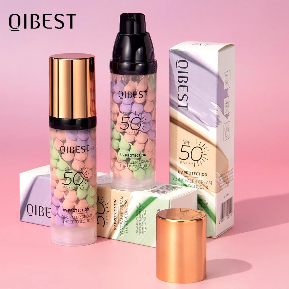 Qibest 3-Color Press Cream Concealer – Brightening Liquid Face Primer & Makeup Base, Full Coverage Facial Concealer for Flawless Skin