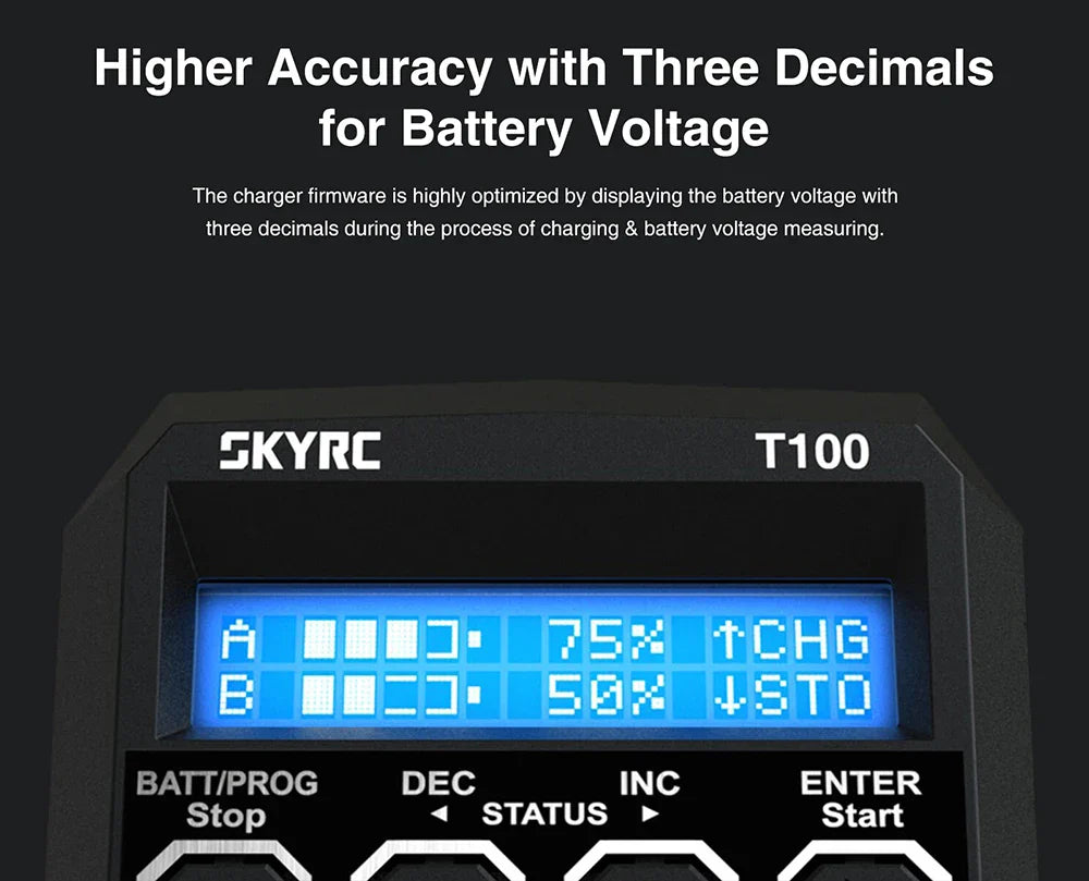 SKYRC T100 AC Dual 5A Lipo Battery Charger — 2x50W Balance Charger for 2-4S NiMH, NiCd, LiPo, LiFe, LiIon, LiHV RC Cars