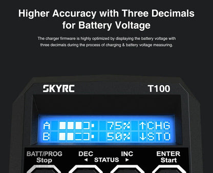 SKYRC T100 AC Dual 5A Lipo Battery Charger — 2x50W Balance Charger for 2-4S NiMH, NiCd, LiPo, LiFe, LiIon, LiHV RC Cars
