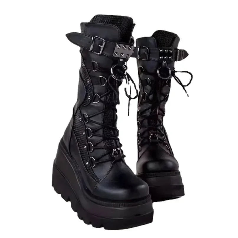 Brand New Women’s Goth Platform Boots – Punk Rivet Buckle Wedge High Heel Party Street Cosplay Shoes