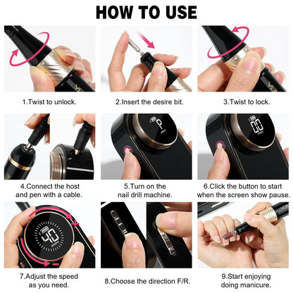 40000RPM Rechargeable Portable Nail Drill Machine - 2024 New Powerful Electric Nail File for Professional UV Polish Acrylic Gel Nails