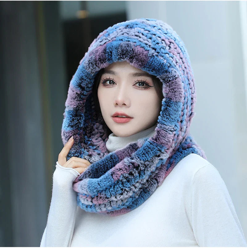 2025 Women’s Knitted Rex Rabbit Fur Hat – Hooded Scarf with Neck Collar, Long Winter Warm Fur Hat & Scarf Set