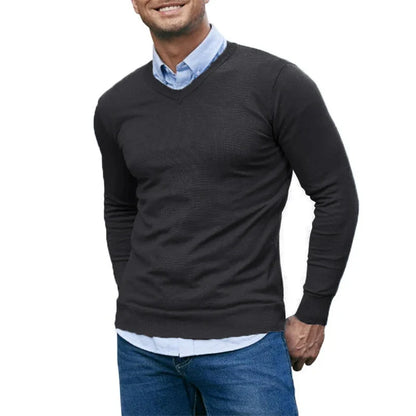 Men's V-Neck Knit Sweater - Soft Lightweight Long Sleeve Slim Fit Casual Pullover Autumn Top