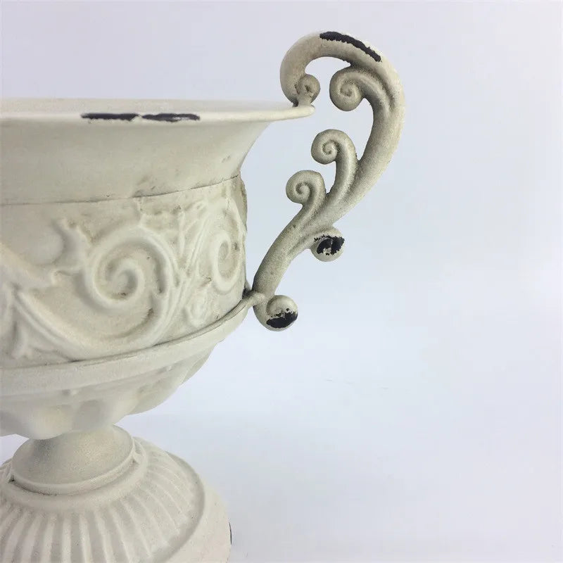 Old Goblet Antique Flower Vase – White Retro European Iron Table Arrangement Container with Handles