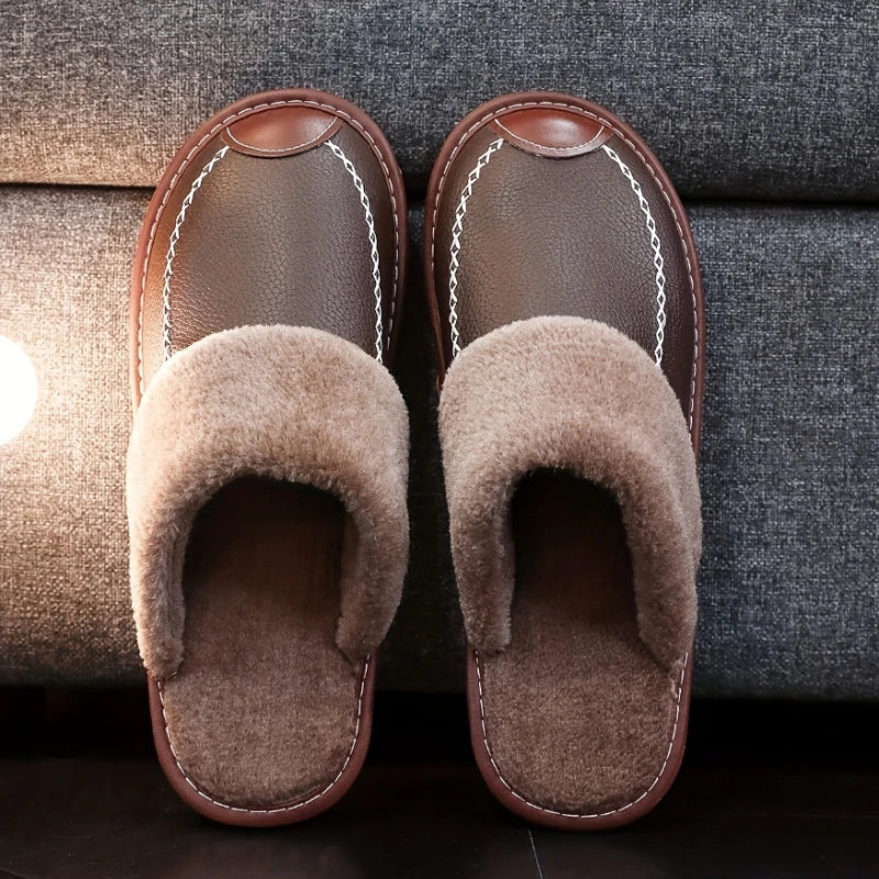 Men’s Winter Leather Slippers — Waterproof, Thick Velvet Cotton Indoor Home Shoes, Warm Bedroom Footwear