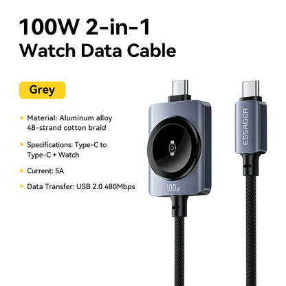 Essager 100W 2-in-1 Magnetic Charging Cable - USB-C to USB-C Fast Charger for iPhone & Apple Watch