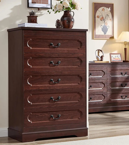 5-Drawer Farmhouse Dresser – Cherry Wood Chest of Drawers for Bedroom, Rustic Wide Storage Solution