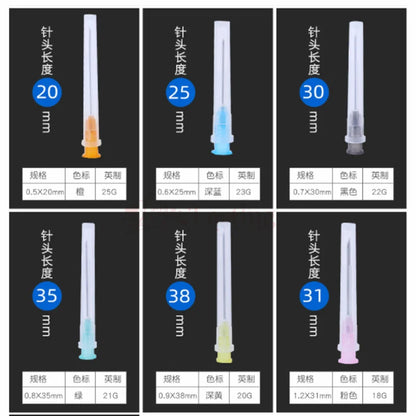 25pcs Disposable Sharp Needles – 18G to 34G Sterile Stainless Steel Tattoo & Hyaluronic Acid Needles