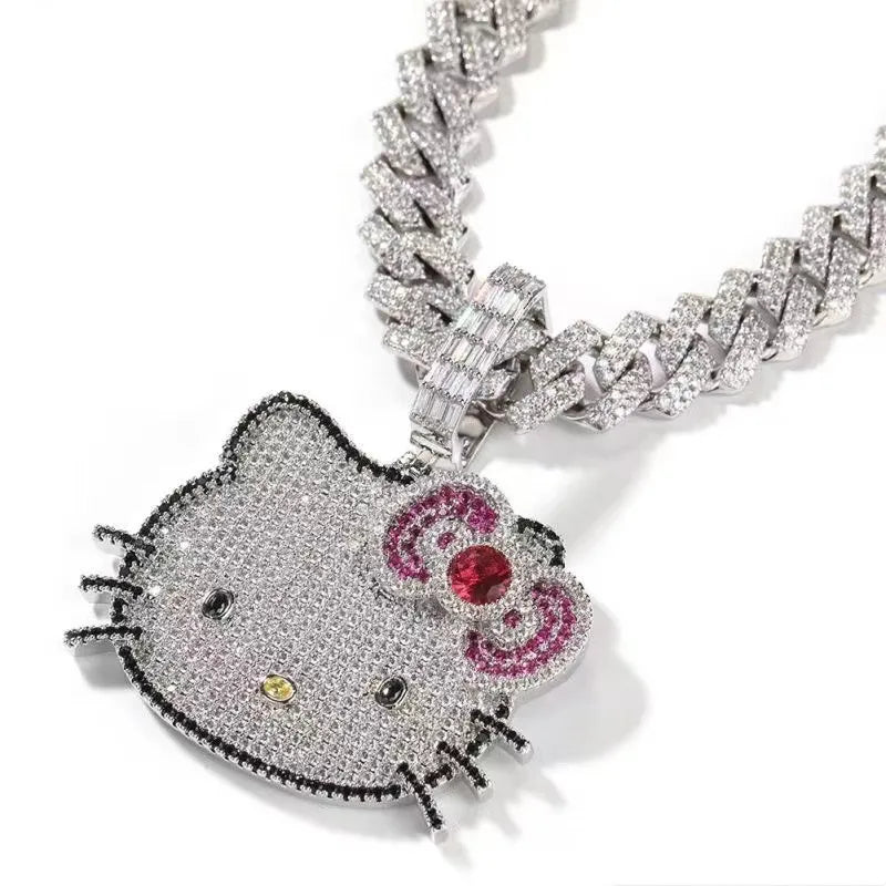 Hello Kitty Y2K White Gold Pendant Necklace – Sweet Long Layered Jewelry Chain for Women, Halloween Style (Europe & America)
