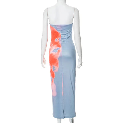 Women’s Strapless Printed Maxi Dress - Off Shoulder Backless Stretch Summer Beach Y2K Sundress