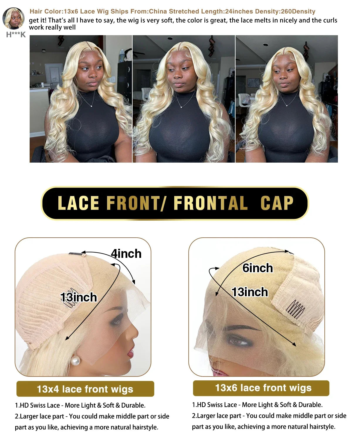 613 Honey Blonde Body Wave HD Lace Front Wig – 13x6 Transparent Lace, 13x4 Glueless Human Hair Wig, 180 Density for Women