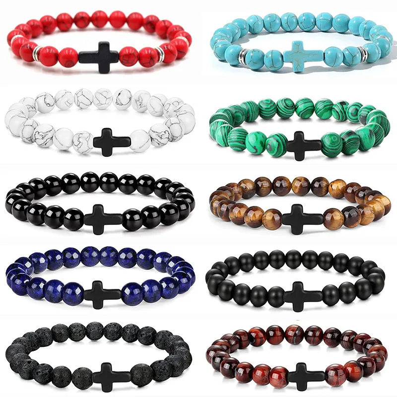 Natural Stone & Wood Bead Rosary Bracelet - Hematite Cross Meditation & Yoga Jewelry for Men & Women