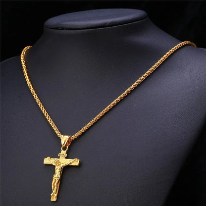 Religious Jesus Cross Necklace for Men - Fashion Gold Color Cross Pendant with Chain, Jewelry Gift for Men